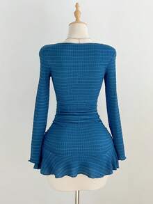 asdElamini 1 pieza Vestido mini para mujer, cuello en V azul con jacquard, cintura plisada con volantes en el bajo, estilo casual, de oficina, vintage, para otoño/inviernoasd SVPZ - Azul marino - Ver 2