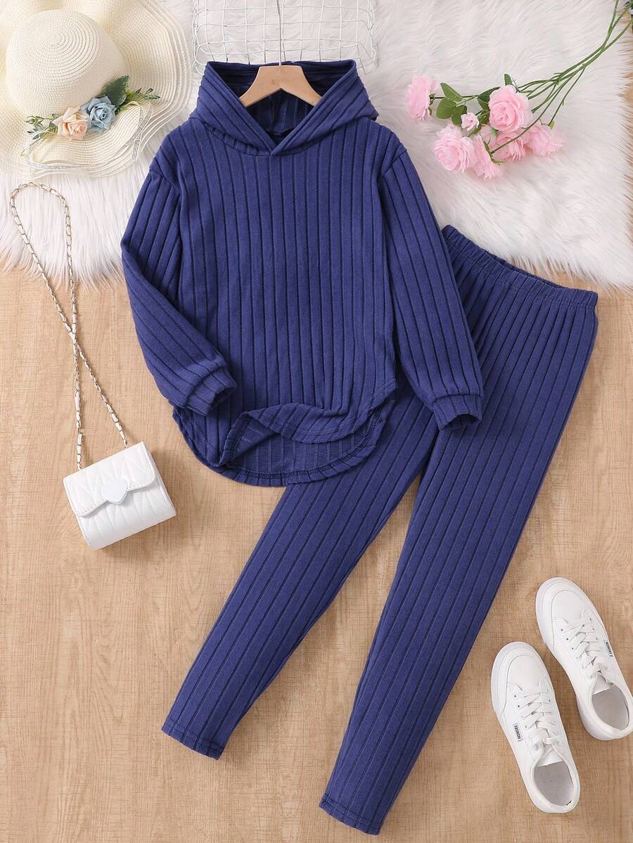 Sparklyn 少女针织罗纹连帽 T 恤，下摆不对称，搭配紧身打底裤，2 件/套 - 藍色 - 查看 1