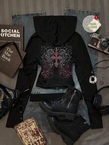 Attitoon 休闲复古哥特朋克Y2K风格交叉翅膀卷轴巴洛克定位印花图案女式修身连帽T恤，适合秋季穿着，百搭，机场、音乐节皆宜 - 黑色 - 查看 8