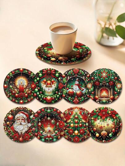 Christmas Best-Seller, 8/6 -Piece Christmas -Themed Round Wooden Coasters, Suitable For Use As Drink, Tea And Coffee Coasters. With Simple Santa Claus Patterns, They Are Highly Suitable For Home And Restaurant Decoration, And Are Must - Have Items For Holiday Gifts.