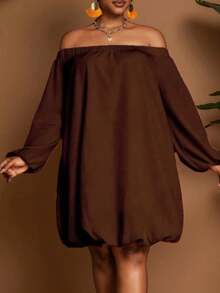 SHEIN CURVE+ Váy dài tay dài màu trơn trễ vai cỡ lớn dành cho nữ, thiết kế mới mùa thu, viền phồng, đa năng, thích hợp cho tiệc tùng, sinh nhật, đi chơi đêm, trở lại trường - màu nâu - Xem 4