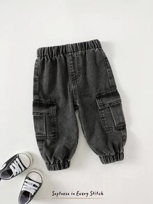 Cozy Pixies Baby/Toddler Unisex Black Casual Cargo Pants With Elastic Waist, Side Pockets And Cuffed Hem Fall Winter - Black - View 1