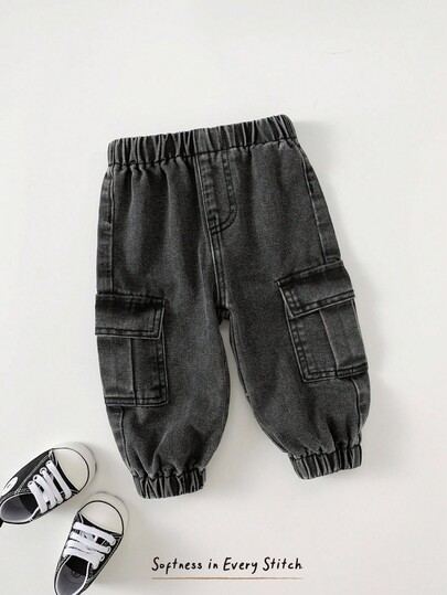 Cozy Pixies Pantalones cargo casuales negros unisex para bebé/niño pequeño con cintura elástica, bolsillos laterales y bajo con puño
