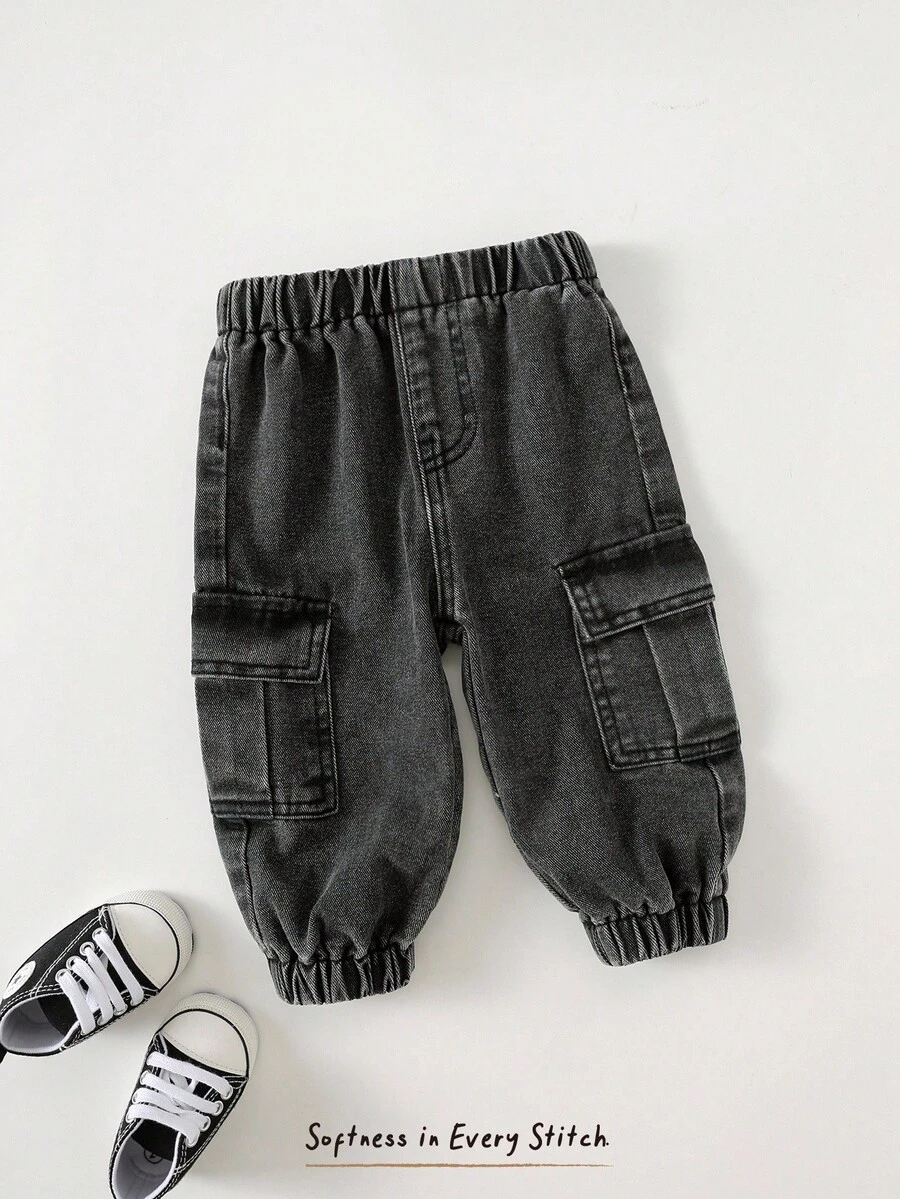 Cozy Pixies Baby/Toddler Unisex Black Casual Cargo Pants With Elastic Waist, Side Pockets And Cuffed Hem Fall Winter - Black - View 1