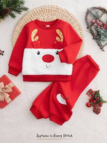 Cozy Pixies 2pcs/Set Baby Boy/Girl Christmas Reindeer Pattern Contrast Color Knit Soft Round Neck Long Sleeve Pullover Sweatshirt And Elastic Waist Ankle Length Pants, Comfortable Versatile Casual Basic Style, Suitable For Indoor, Outdoor, Daily Wear, Sports, Play, Party, Festival, Halloween, Christmas, New Year In Autumn/Winter - Red - View 3