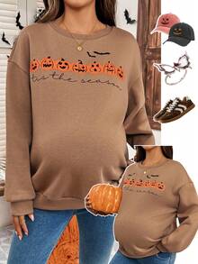 SHEIN Maternity Letter & Pumpkin Print Round Neck Drop Shoulder Long Sleeve Casual Sweatshirt,Halloween - Khaki - View 1