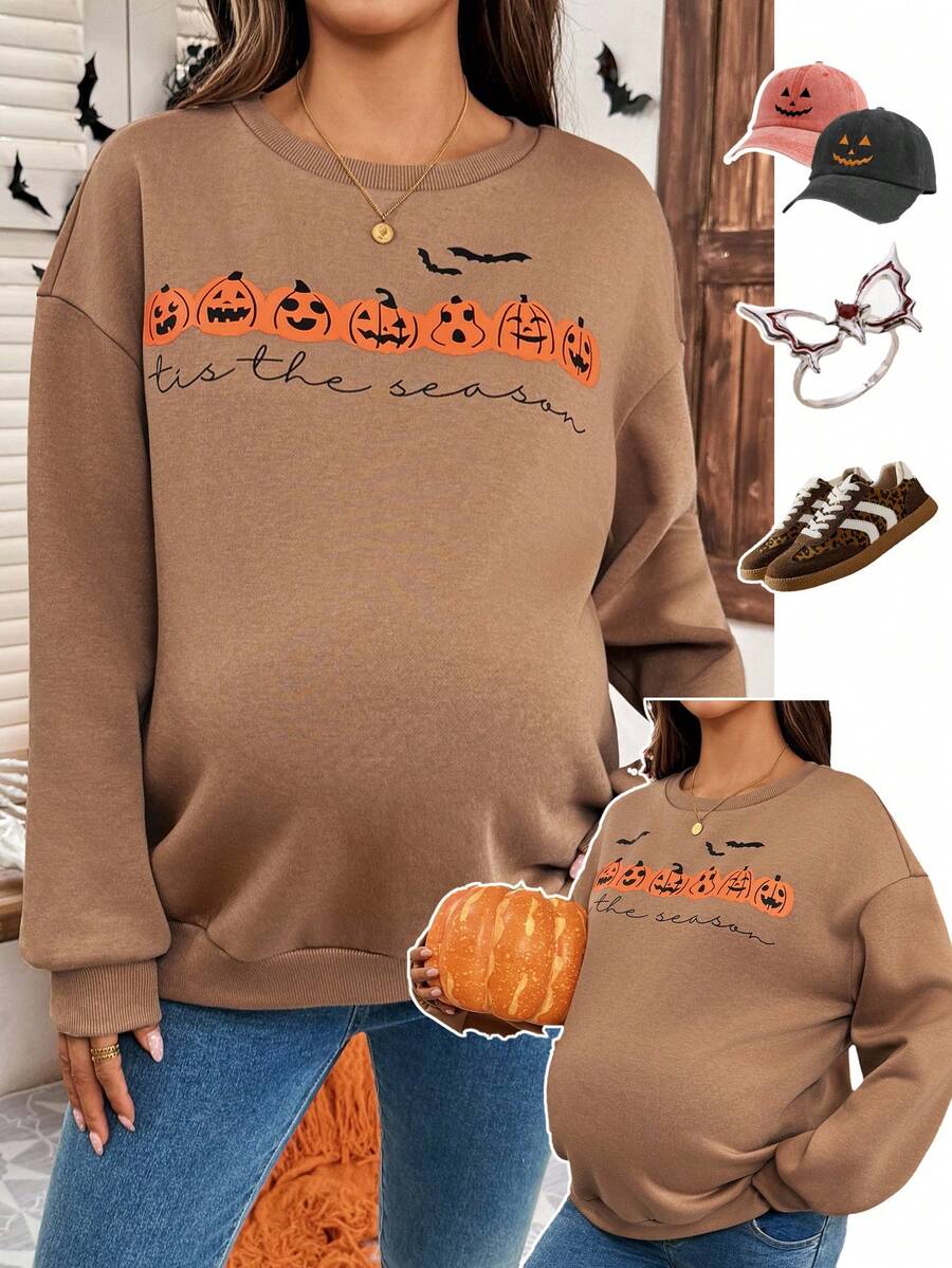 SHEIN Maternity Letter & Pumpkin Print Round Neck Drop Shoulder Long Sleeve Casual Sweatshirt,Halloween - Khaki - View 1