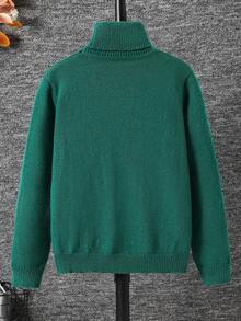 SHEIN Tween Boys' Casual Everyday Versatile Comfortable High Neck Long Sleeve Pullover Sweater Fall Winter - Dark Green - View 2