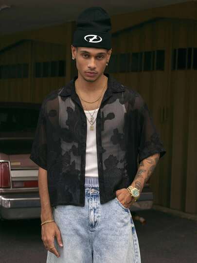 AXEPEAK 男士宽松短款花卉印花翻领短袖衬衫