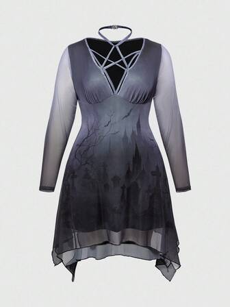 Goth فستان مقاس كبير للنساء مع طبعة صليب وشاهد قبر وبنتاجرام على شبكة، مع ياقة مربوطة، خصر مشدود وذيل غير متماثل، بطابع قوطي غابة داكنة