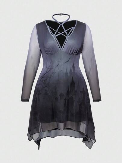 Goth فستان مقاس كبير للنساء مع طبعة صليب وشاهد قبر وبنتاجرام على شبكة، مع ياقة مربوطة، خصر مشدود وذيل غير متماثل، بطابع قوطي غابة داكنة