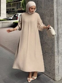 DAZY Đầm dệt kim dáng rộng thoải mái dành cho nữ, cổ tròn, tay dài raglan, phù hợp cho mùa thu/đông, kiểu dáng kín đáo. - Màu be - Xem 5