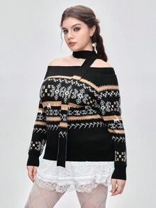 ROMWE Kawaii 加大码前卫复古费尔岛雪花圣诞猫咪嵌花图案柔软女性舒适冬季套头毛衣，加大码秋冬费尔岛露肩系带套头毛衣，加大码女式秋冬套头毛衣上衣，加大码复古圣诞派对费尔岛套头毛衣，优雅复古节日派对加大码女式毛衣 - 彩色 - 查看 6