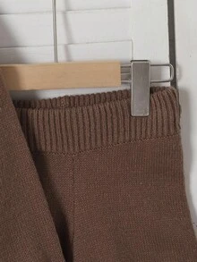 Young Girl Solid Color Drop Shoulder Long Sleeve Turtleneck Sweater And Wide Leg Knit Pants Casual Suit, Autumn, School, Preppy Outfit Brown - Khaki - View 6
