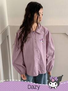 DAZY HELLO KITTY AND FRIENDS | SHEIN 青少年女孩撞色蕾丝花边领灯笼长袖衬衫，秋季 - 紫色 - 查看 7