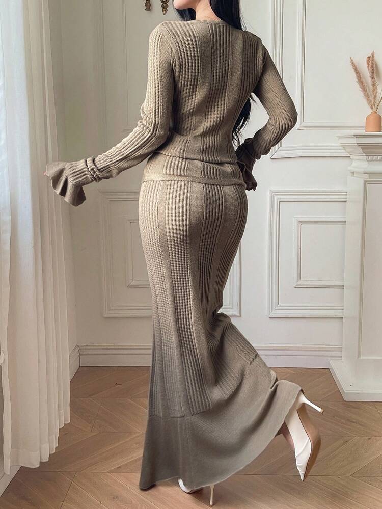 2pcs Set: V-Neck Sweater & Elegant Long Fishtail Skirt, Stylish Women Knitwear Set