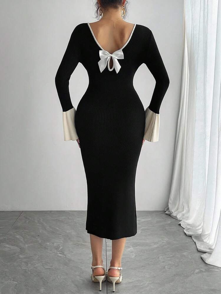 Elegant Contrast Color Bow Knitted Dress For Women, Autumn Sweater Dress