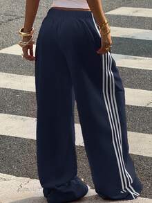 Muchica 女式休闲条纹侧缝海军蓝针织运动裤 - 藏蓝色 - 查看 2