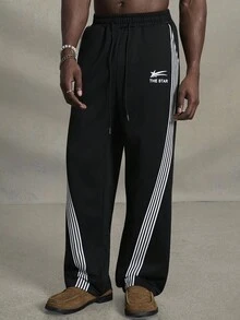 PAVTROS 宽松男士标语图案印花抽绳腰运动裤，度假宽松抽绳运动裤，适合送给丈夫、男朋友的礼物，适合返校季 - 黑色 - 查看 5