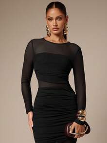 Silquee 女式优雅别致纯色拼接透明网眼荷叶边修身连衣裙 - 黑色 - 查看 7