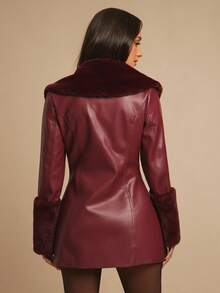 Silquee Women's Wine Red Waist Elegant Fashion Long Sleeve PU Leather Jacket With Fur Collar And Spliced ​​Fur Sleeves, Autumn And Winter Women's Fall Winery Wear Women's Faux Leather Dress Women's Suit Jacket Women's Leather Dress Coat - Burgundy - View 3