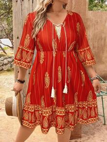 EMERY ROSE Hera Paisley Cashew Flower V-Neck Tie Tassel Print Plus Size Mini Dress - Red - View 1