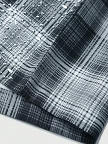 ROMWE MEN Street Life 男式哥特脸印花、水钻装饰、格子图案拉链休闲衬衫、万圣节