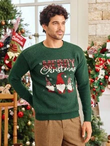 Manfinity VCAY 男士圣诞元素图案针织毛衣，略宽松套头衫，适合秋冬季节，尽显新年魅力 - 綠色 - 查看 5