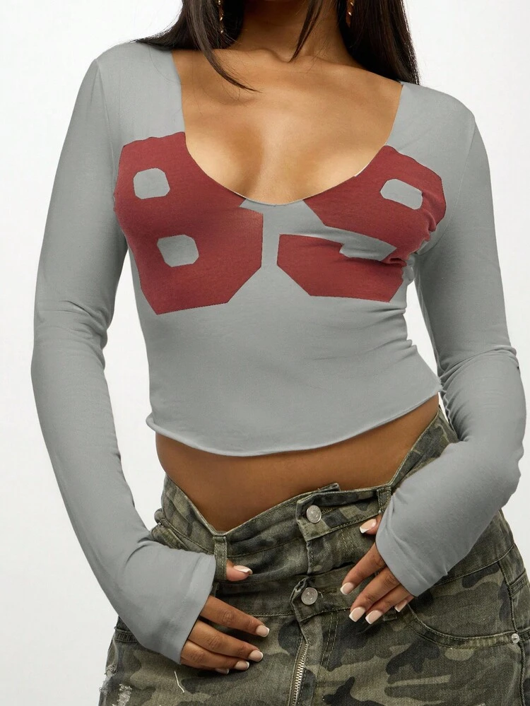 SUMWON WOMEN Long Sleeve V Neck Crop Top With Butterfly Design