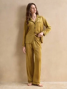 女士长袖天鹅绒睡衣套装休闲套装，秋冬装 - 墨綠色 - 查看 6