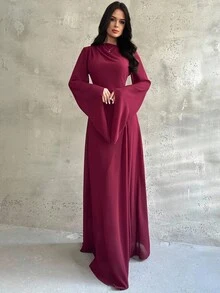 Firerie Robe longue élégante et minimaliste pour femmes, col asymétrique froncé, ourlet inégal, manches évasées, couleur bordeaux, convient pour les occasions formelles et la rentrée scolaire