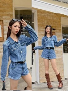 Rivivi Women's Casual Washed Denim Romper - Blue - View 3