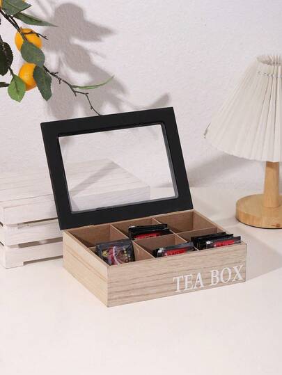 1Pc Desktop Tea Bag & Tea Leaf Storage Box, 6 Compartments Coffee Snack Tea Bag Organizer Box, Candy Storage Container, Creative Home Decor, Wooden Storage Box With Transparent Glass Lid, Black/White/Cloud Design