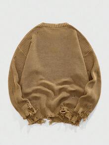 ROMWE MEN Grunge Punk Men's Distressed Punk Apocalyptic Print Knit Sweater, For Fall Winter - Camel - View 2