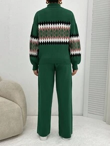 EURMUSE Women's Geometric Pattern High Neck Sweater 2pcs/Set - Multicolor - View 2