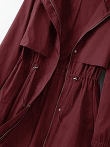 EMERY ROSE 大码女式收腰连帽风衣外套，韩版休闲优雅宽松高端夏季外套 - 酒紅色 - 查看 7