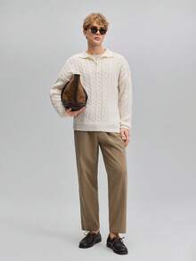 OFFICEAU 男士 Old Money 绞花针织半拉链 Polo 衫，宽松版型，纯杏色，秋冬款 - 杏色 - 查看 4