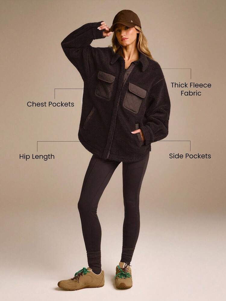 Winter Chill Warm Quilted Fleece Thick Polar Flap Pockets Hip-Length Wool-Blend Shacket Shirt Jacket Autumn Winter Outdoor Daily Casual