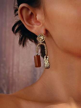 Glisma 18K Gold-Plated Vintage Earrings, Asymmetrical Metal Design, Same Style As Shen Mengchen,Party,Night Club,Shopping,Vintage,PREMIUM,Metallic/Texture,Western Jewelry,Old Money,Gemstone,Outfits,Fall/Autumn/Winter,For Mom/Women/Girl/Mother,Premium