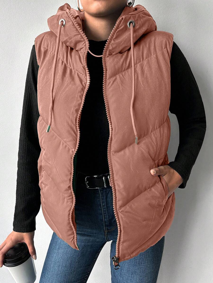 EURMUSE Women's Solid Color Zipper Front Drawstring Hooded Vest, Regular Fit Winter Jacket - Coral Pink - View 1