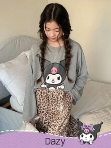 HELLO KITTY AND FRIENDS | SHEIN DAZY 女童圆领针织卡通图案长袖T恤+豹纹裤睡衣套装，秋季 - 灰色 - 查看 2