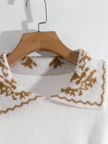 GlowEve 女式优雅花卉印花领长袖针织连衣裙，秋冬 - 白色 - 查看 7