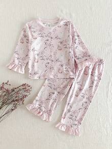 SHEIN 2pcs Baby Girls Cute Rabbit Print Long Sleeve Top And Pants Casual Comfortable Pajama Set Baby Girl Pajama Set Baby Clothes Girl Baby Girl Sleep Wear Toddler Girl Pajama Set Toddler Sleepwear Girls Fall Winter Wildflower Baby Clothes Baby Girl Pink Pj Cozy Baby Girl Set