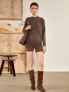 Chiquease 2pcs Women Solid Color Crew Neck Loose Pullover Sweater Set With Leggings/Shorts, Autumn/Winter - Brown - View 3
