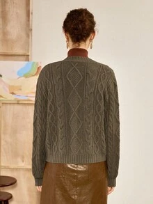 Florisole كارديجان نسائي كاجوال أحادي الصدر بتصميم حبل مجدول، طويل الأكمام، للخريف/الشتاء - أخضر عسكري - مشاهدة 2