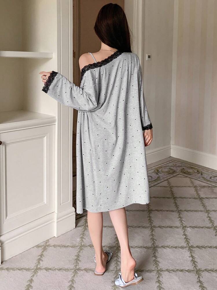Women's Sleepwear Pajama Set: Contrast Lace Patchwork Polka Dot Allover Print Robe & Slip Night Dress, Fall Winter Clothes Pajama