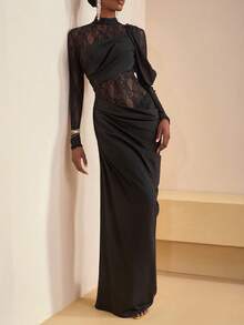 Zivah 新款秋冬优雅派对礼服，奢华高贵日常约会、生日派对、性感高端派对、夜店风、婚礼季宾客礼服、音乐节狂欢季婚礼宾客正式礼服、新娘礼服、高领长袖两件套连衣裙、蕾丝拼接针织面料、黑色透视连衣裙、紧身连衣裙、长款连衣裙、女士超长连衣裙 - 垂褶连衣裙 黑色透视连衣裙 优雅女士连衣裙 - 黑色 - 查看 8