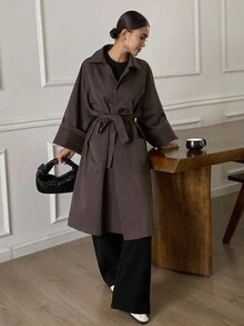DAZY 女式宽松纯色长款腰带口袋翻领休闲优雅风衣，春秋 - 咖啡棕 - 查看 1