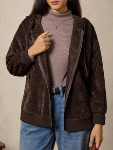 Zelara 复古硬币图案拉链长袖卫衣，大码女款，棕色卫衣，棕色外套，棕色秋冬感恩节卫衣 - 咖啡棕 - 查看 3