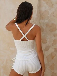 Swim Lushoire Ensemble de maillot de bain d'été décontracté pour femmes, 2 pièces, blanc unicolore, avec débardeur à bretelles ajustables et Top court, et bikini côtelé taille haute